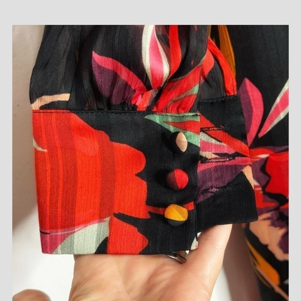 Adelyn Rae Wrap Dress High Low Chiffon Long Sleeve Black Red Print Sheer Sleeve